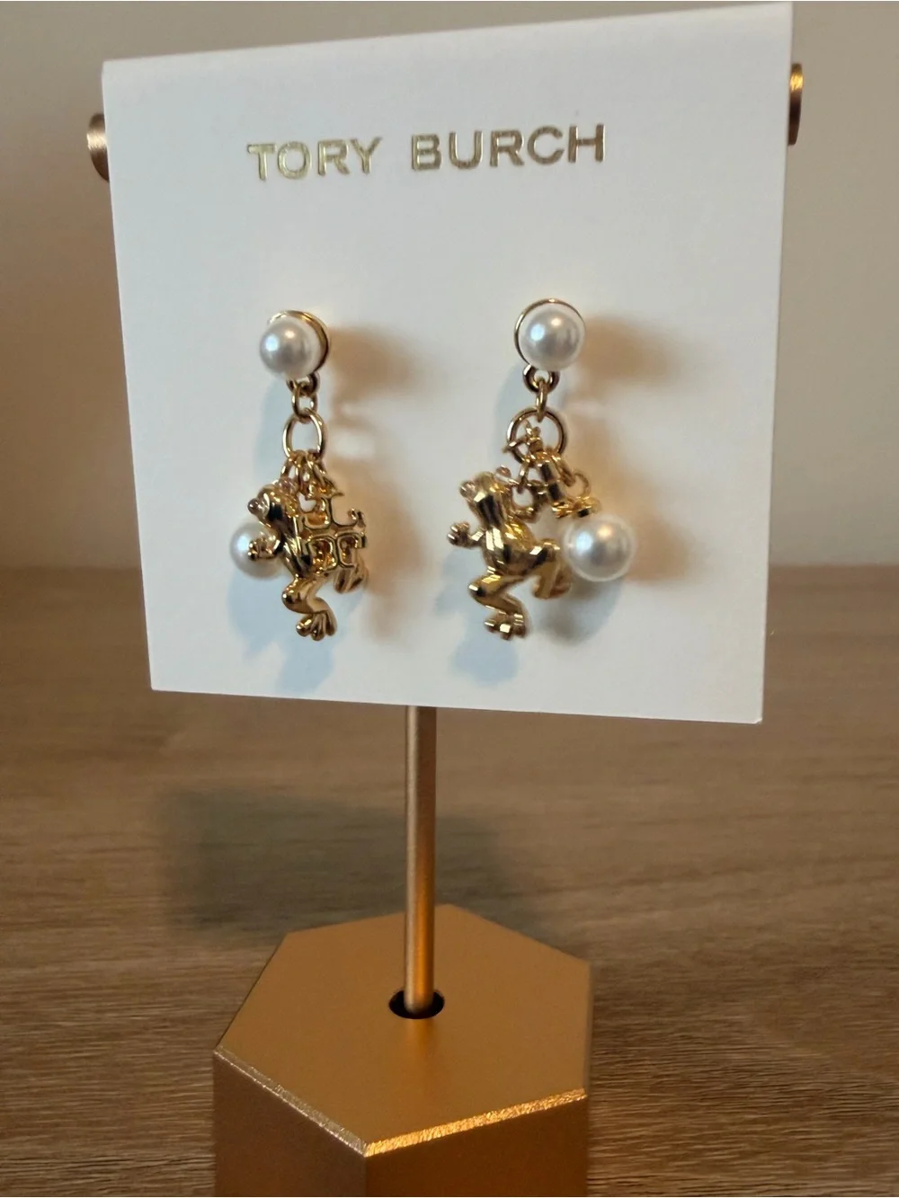 New Tory Burch Gold Frog Charm Pearl Drop Earrings